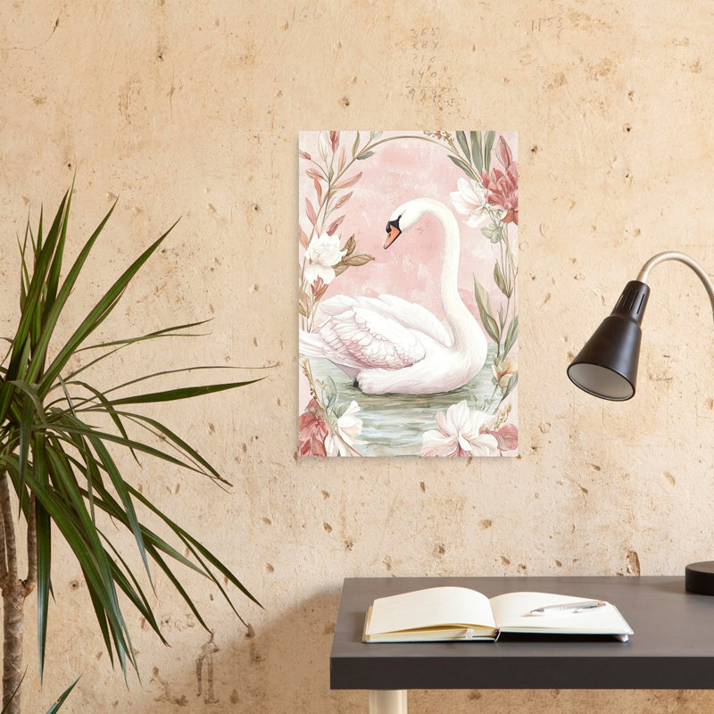 Elegant Swan Floral Frame Delicate Elegant Peaceful Bird Nature Flower Wall Art Print by Mathieu - Wrapped Canvas Print