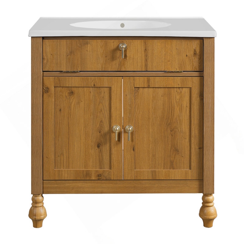 Meuble-lavabo de 30 po en noyer: lavabo en résine coquillage, rangement rabattable et portes à fermeture en douceur