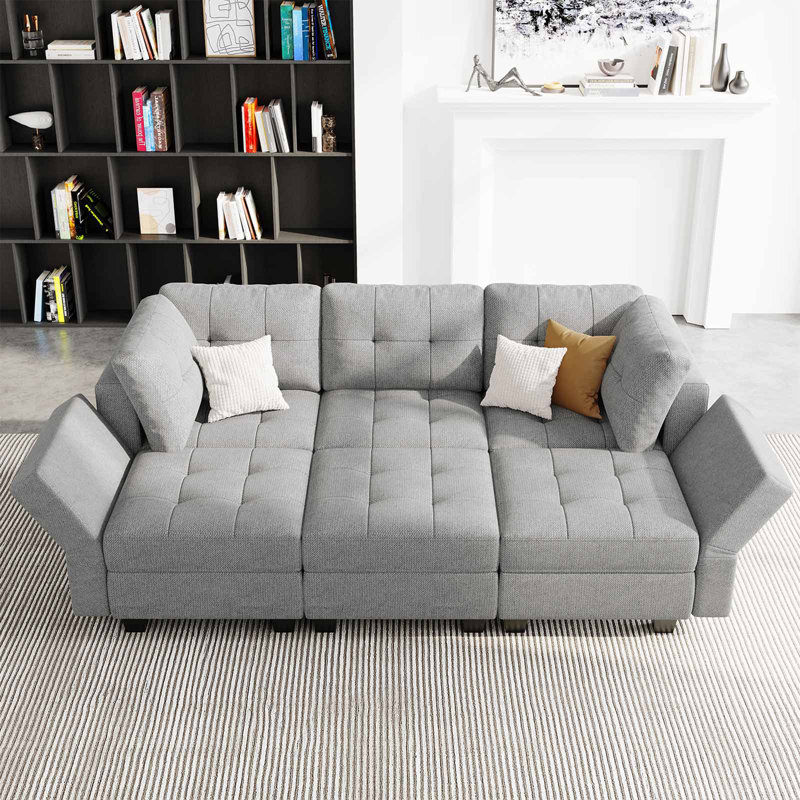 Soneson 7-Piece Upholstered Sectional,  Light Gray Linen