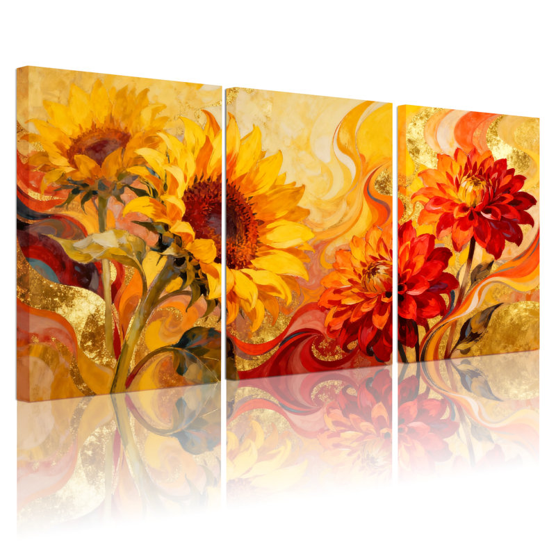 Plantes et fleurs, tournesol et dahlia, ensemble de 3 impressions sur toile, H 18 po x l 36 po