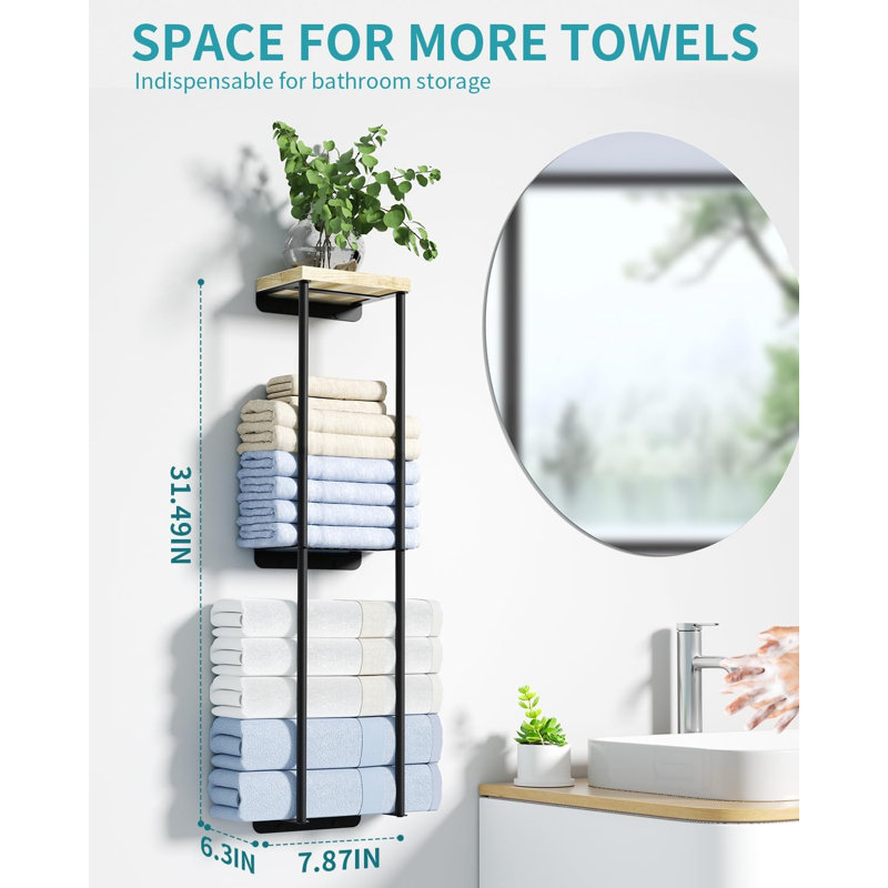 Porte-serviettes mural à 2 niveaux avec tablette en bois, porte-serviettes en métal et organisateur pour un espace de rangement amélioré