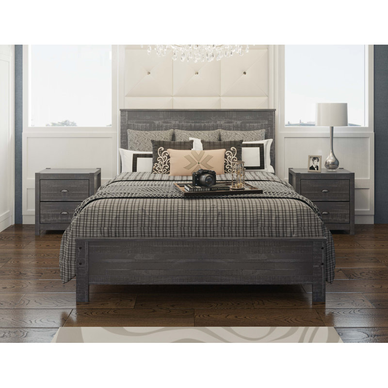 Cadre de lit en bois massif robuste avec 2 tables de chevet Albany, Double, Gris