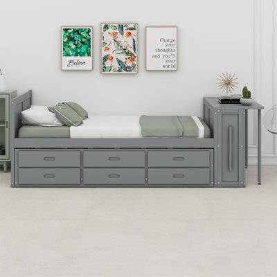 Multifunctional Wood Platform Bed With Desk,Storage Shelf At The End Of The Bed, Built-In Trundle And Drawers