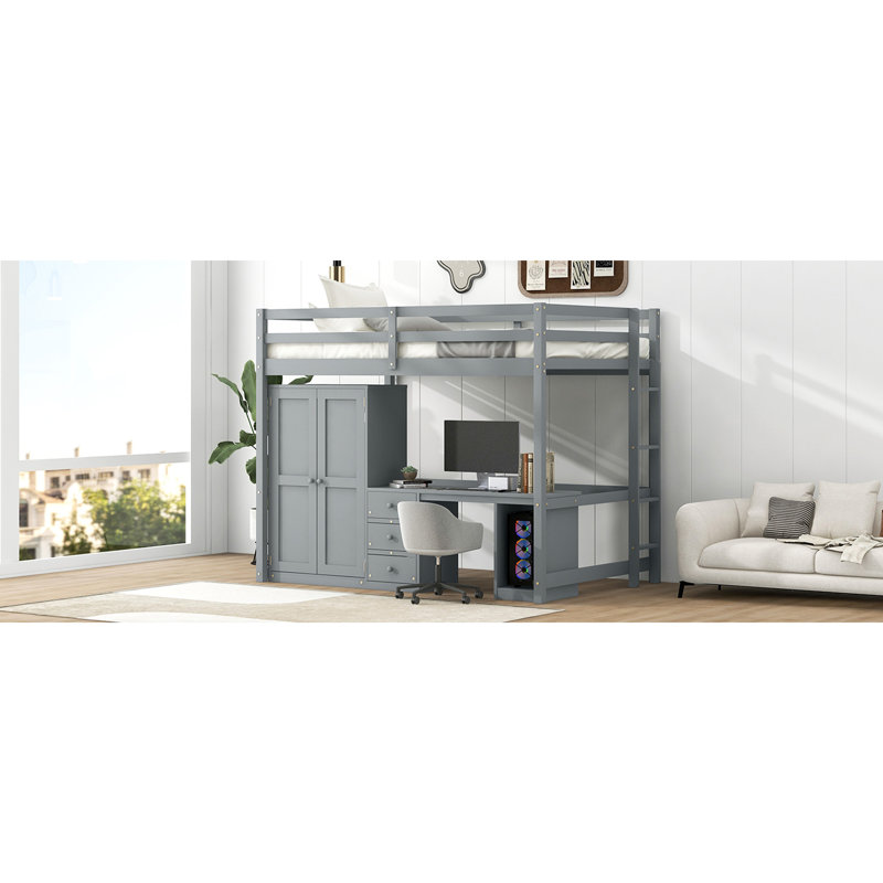 Lit mezzanine avec garde-robe, bureau et tiroirs de rangement