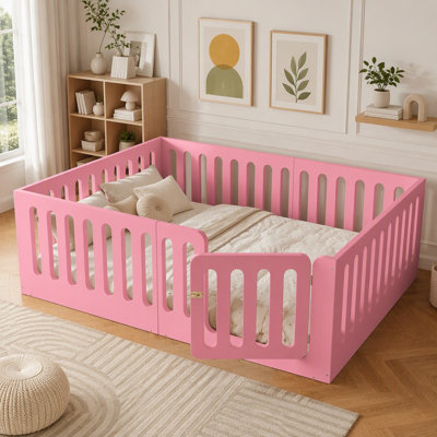 Lit de sol en bois massif pour enfants Montessori avec haute clôture et porte