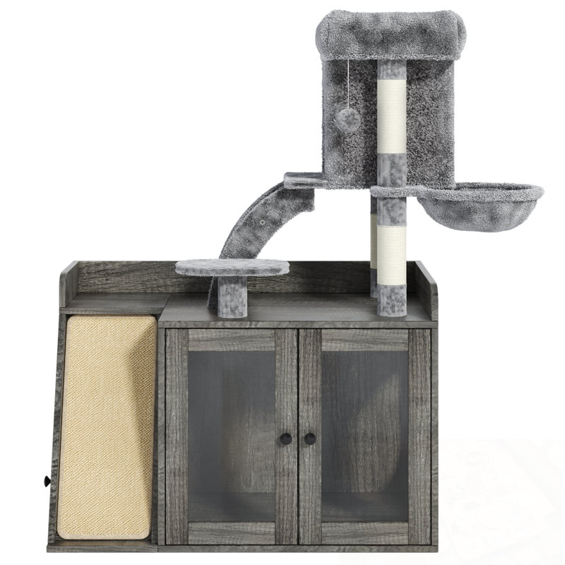Enceinte de litière avec arbre à chat, lumière DEL, planche à griffer en sisal et espace de rangement, Gris