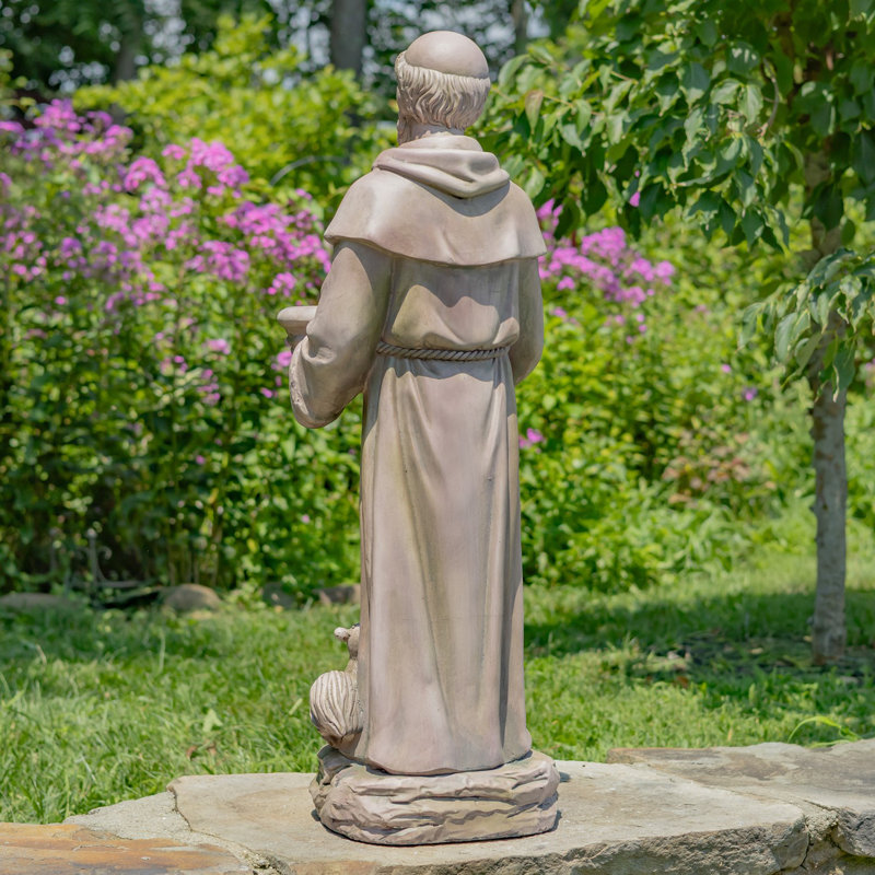 36 po Grande statue de Saint Francis en magnésium et bain d'oiseaux en gris antique