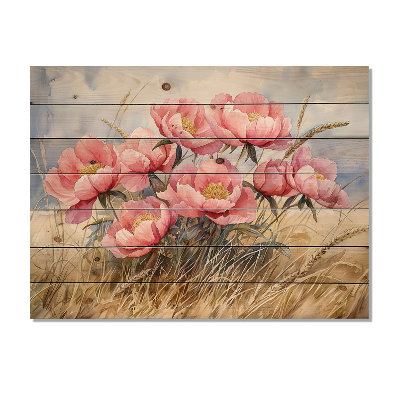 Pivoines dans le champ d'ivraie III - impression de pivoines sur bois de pin naturel, H 34 po x l 44 po x P 0,78 po