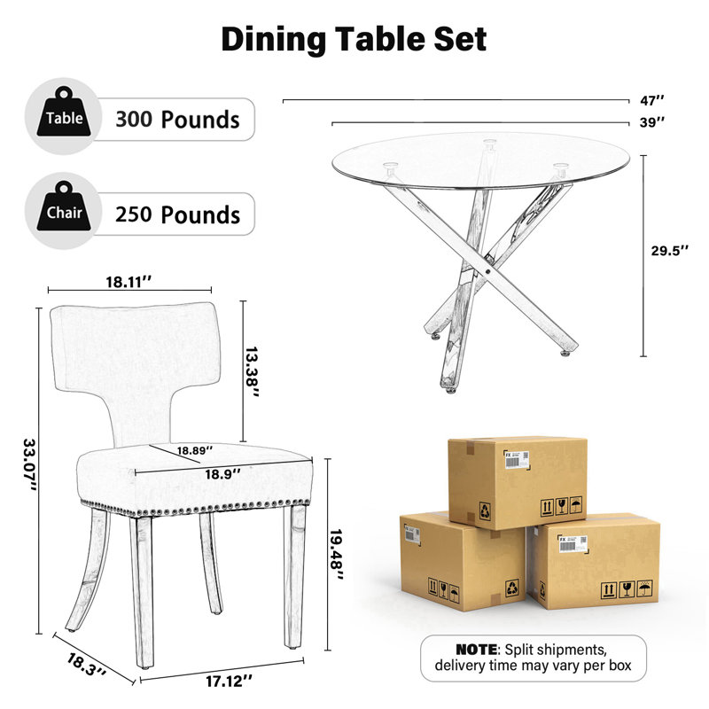 Ensemble de salle à manger moderne à piédestal transparent avec chaise Dininig Chenille, H 29,5 po x L 36 po x l 36 po, Noir