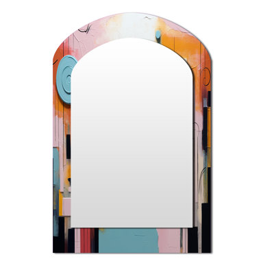 Jeu de formes colorées orange et bleu III - miroir décoratif géométrique asymétrique, miroir arqué moderne, impression d'art en métal