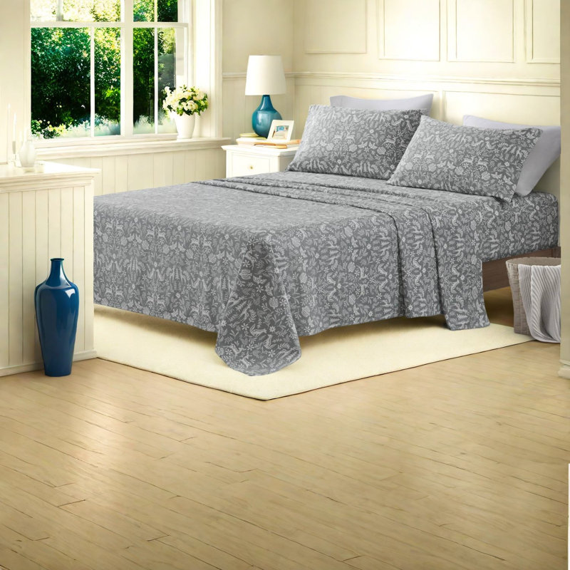King Bedding Sets, 100% Cotton Printed Sage Winter Fauna Sheet Set