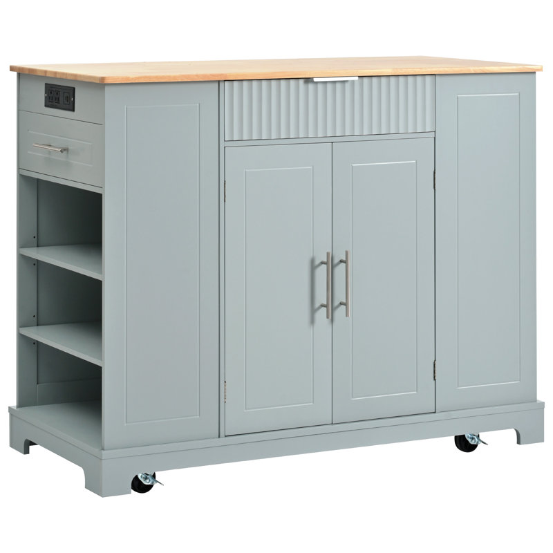 Fluted Kitchen Island With Power Outlet And Trash Can Storage Cabinet, Blue