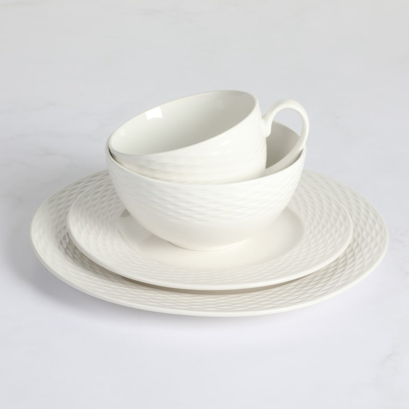 White Porcelain Embossed 16-Piece Dinnerware Set