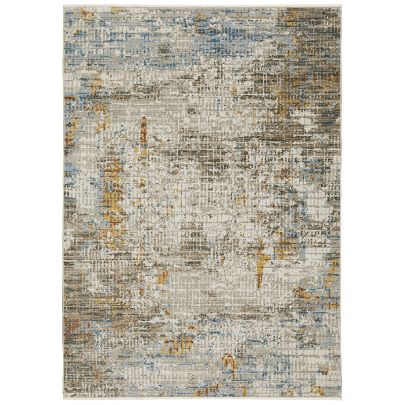 Tapis rectangulaire abstrait tissé à la machine en beige / or / bleu, Rectangle 3 pi 10 po x 5 pi 5 po