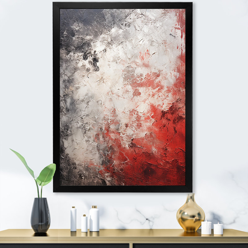 Surface lunaire grise et rouge - Décoration murale Tachisme, Cadre simple noir, H 32 po x l 24 po x P 1 po
