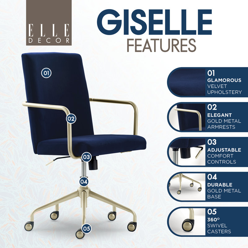 Elle Decor Giselle Modern Home Office Desk Chair with Gold Arms and Base, Blue