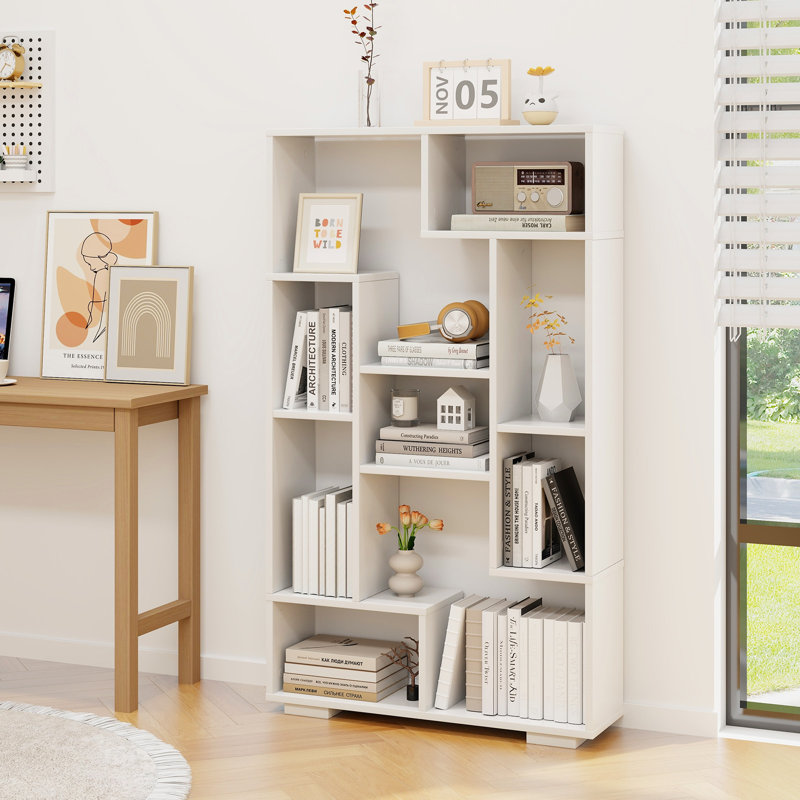 Topbuy Geometric Bookshelf 47-Inch Bookcase w/ Multiple Open Shelves Anti-Tipping Devices, White