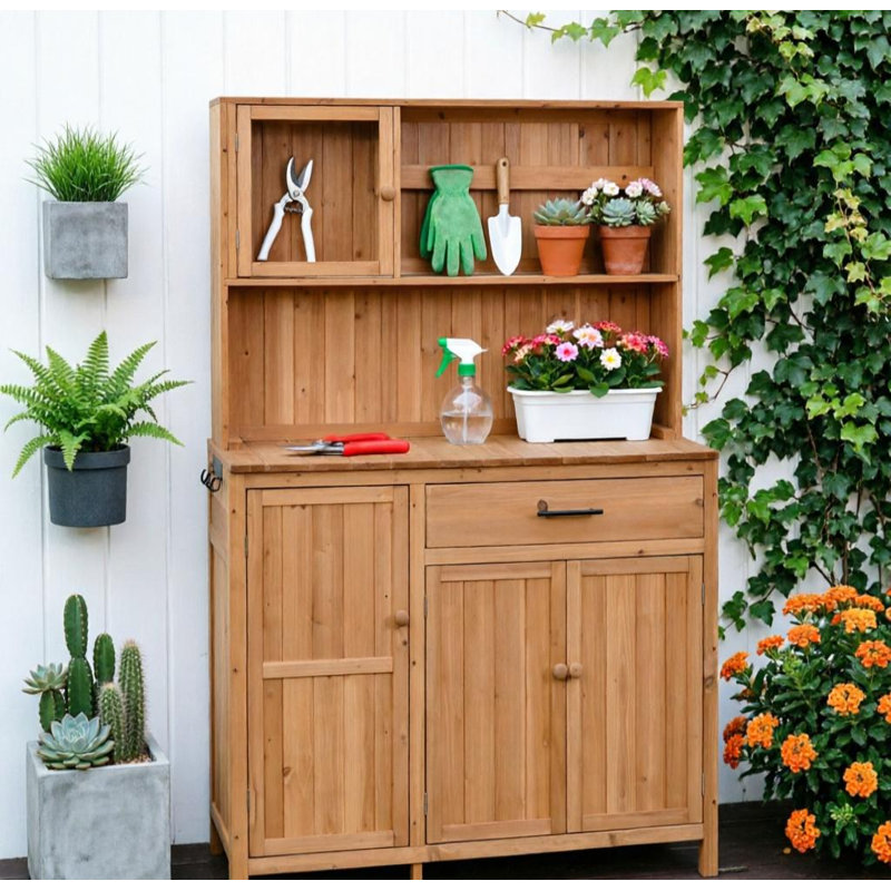Table de jardinage extérieure multifonctionnelle et îlot de cuisine avec tiroir et portes doubles, Naturel