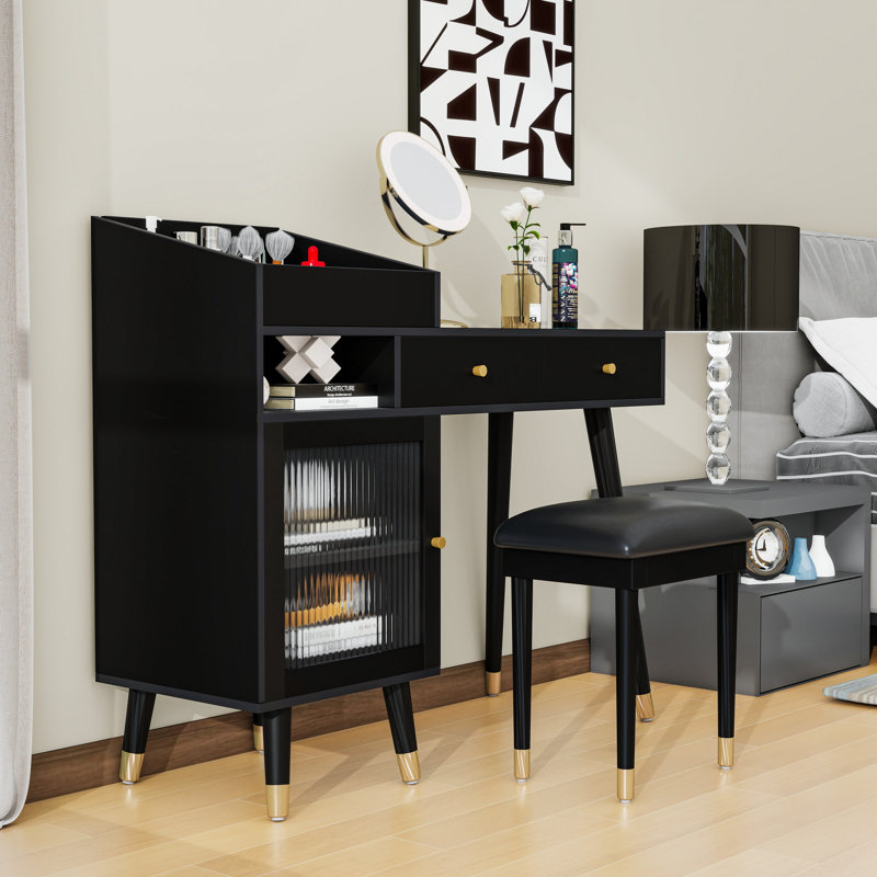 Makeup Vanity Desk with Drawers, Adjustable Shelves, Charging Port and Cushioned Stool, Black