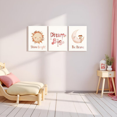 Boho Nursery Wall Art 3 Piece Pink Sun & Moon Canvas Prints For Baby Girl Room Toddler Bedroom Decor (12X16 Inch, Framed)