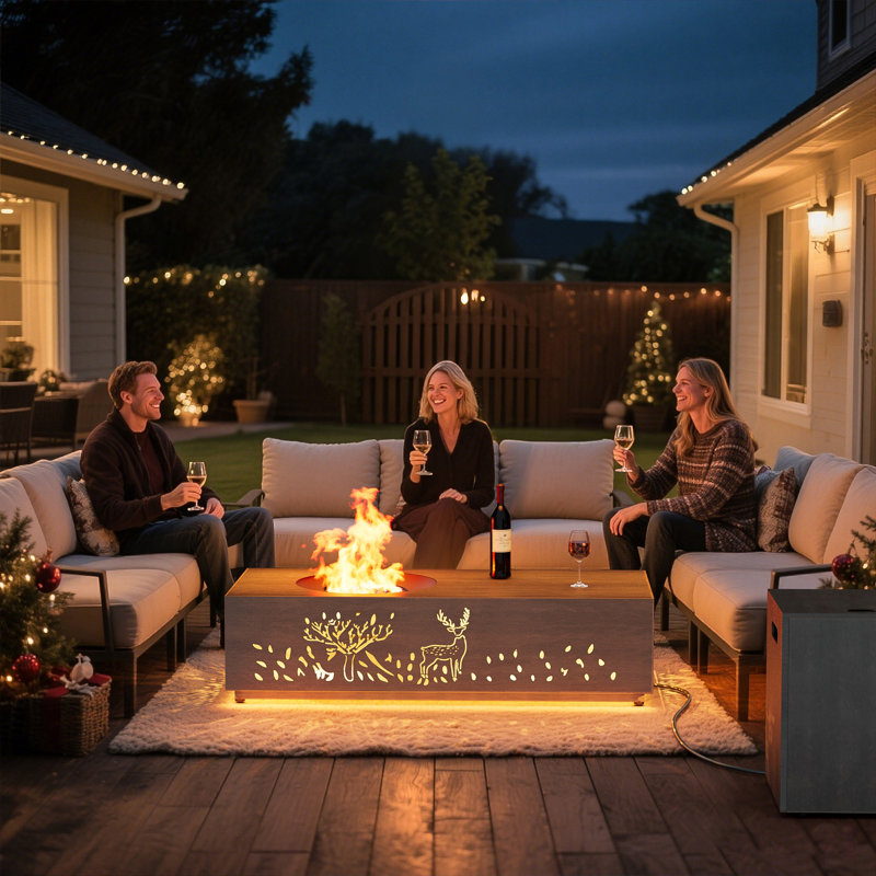 Table de foyer d'extérieur au propane 48 "de 50 000 Btu avec des motifs de cerfs Milu évidés et une lumière dorée