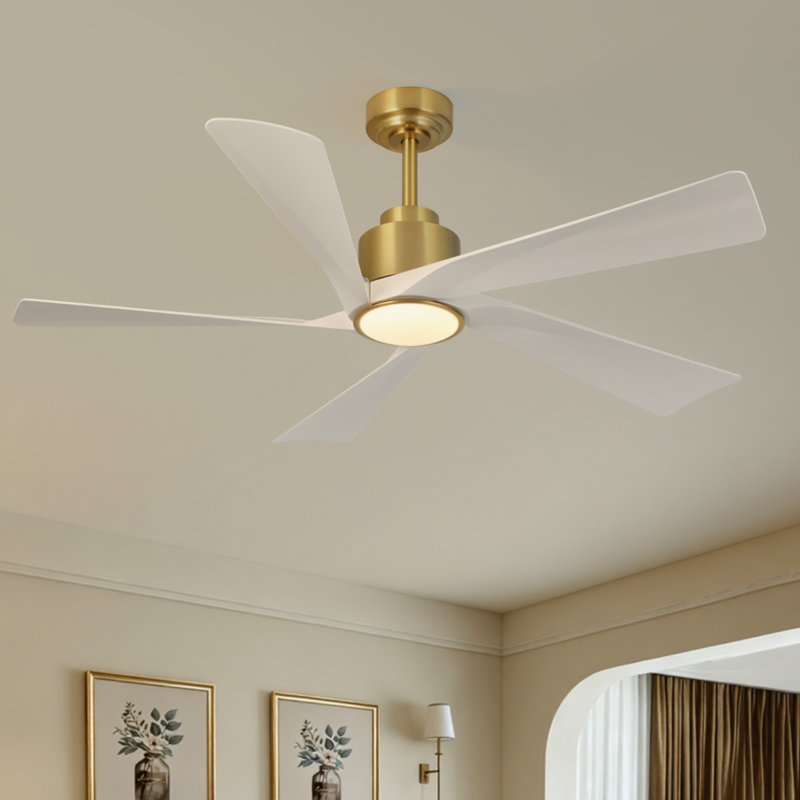 Karlena 52'' Modern Large Ceiling Fan With Led Lights And Remote Control, App, Timer, Memory, Gold with Off White Blade