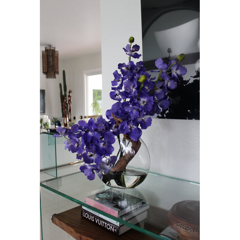 Driftwood and Vanda Orhcis Floral Arrangement in Large Moon Vase, 30" H x 28" W x 10" D