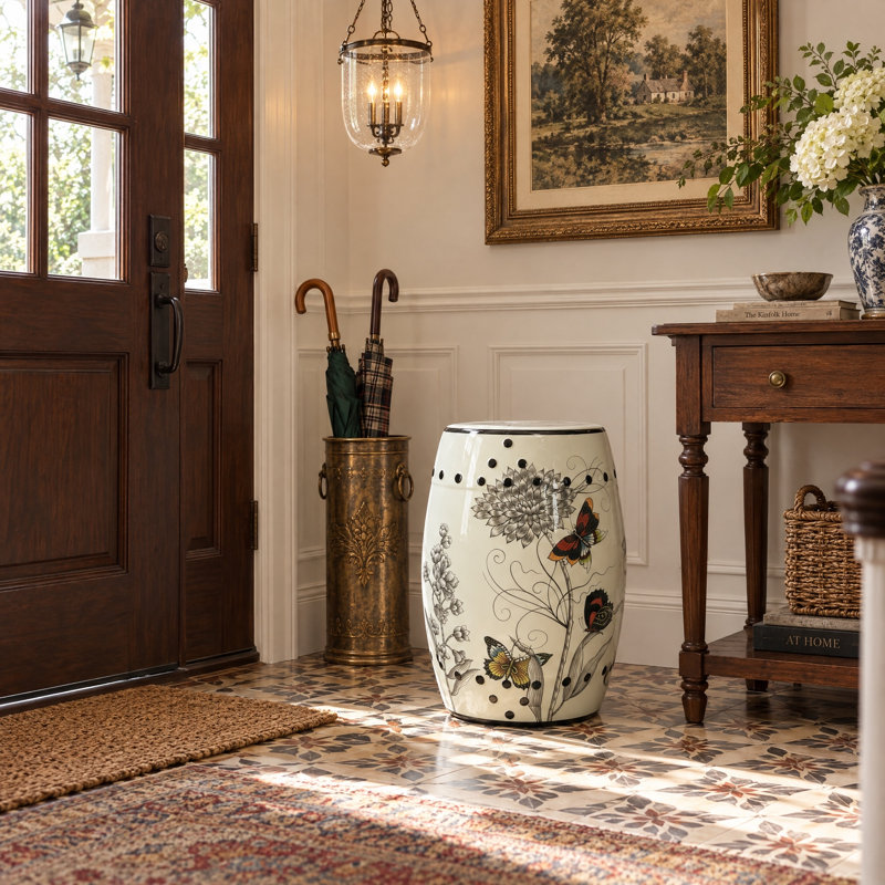 Tabouret en céramique fleur et oiseau, Beige