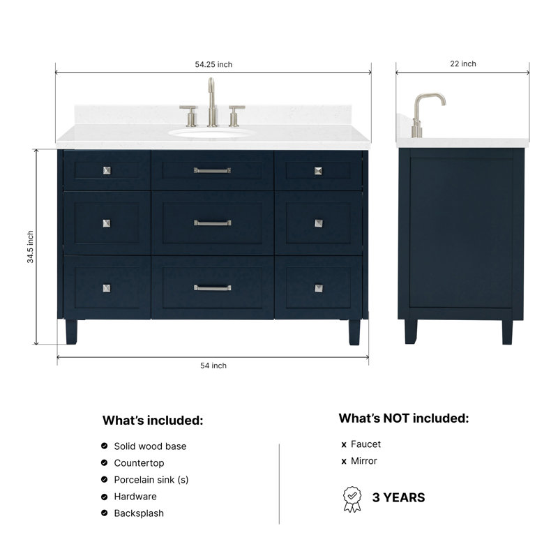 ARIEL Monroe 54 Single Sink Bathroom Vanity with Carrara Quartz Top, Midnight Blue, 54" - 55", Carrara White Quartz