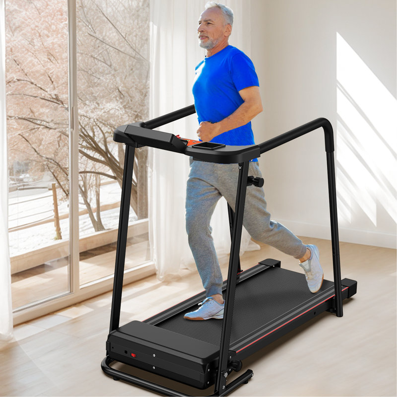 Tapis roulant portable pliable de 300 lb pour les personnes âgées, mains courantes allongées, moteur de 2,5 ch, système d'absorption des chocs doubles, contrôle, tapis roulant en acier noir et orange, capacité des mains courantes, maison