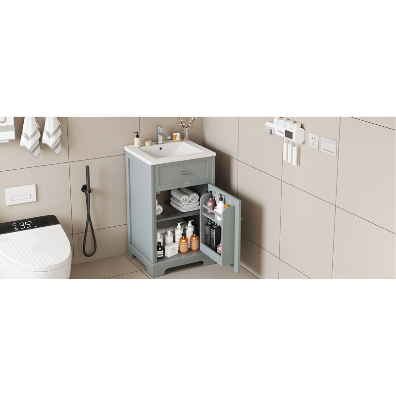 Meuble-lavabo de 20 po avec abat-jour gris. Lavabo en céramique robuste et robuste. Armoire de rangement avec porte et tablettes réglables. Lavabo étincelant moderne, gris. Fabrication, lavabo. Tablette à fermeture douce. Scintillant