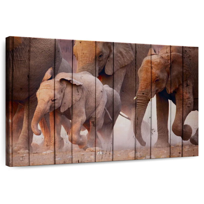 Éléphant Brampt sur la texture du bois, H 30 po x l 45 po