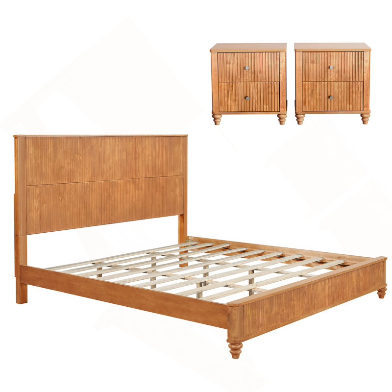 Ensemble de chambre à coucher, Naturel, Trois articles : lit, deux tables de chevet, Grand lit
