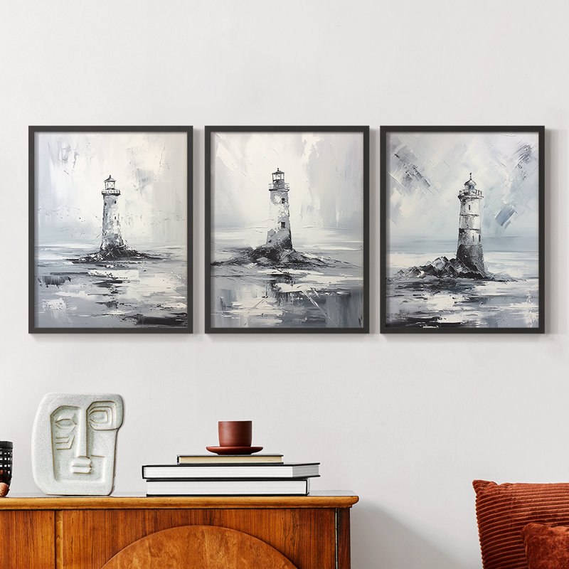 Série Sea and Shore Cxxx - Ensemble de 3 estampes numériques encadrées - Prêt à être accroché, Cadre noir, H 10 po x l 8 po