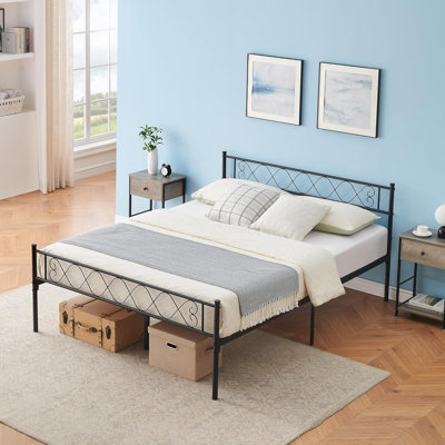 Full Metal Platform Bed Frame with Headboard, Heavy-Duty Slats, Storage