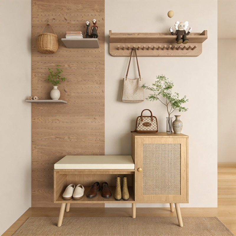 Banc de rangement à chaussures 2 en 1 avec armoire en rotin, banc d'entrée avec étagères réglables et coussin amovible – Organisateur de chaussures moderne pour couloir, chambre et vestibule