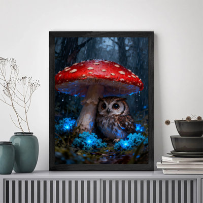 Art encadré noir Un hibou mignon se cachant sous la pluie sous des champignons rouges, impressions sur toile de style rétro