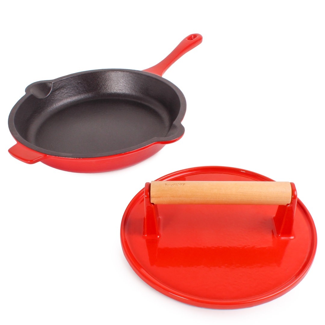 BergHOFF Neo 2Pc Red Enamel Cast Iron Cookware Set with 10" Fry Pan and Steak Press BergHOFF
