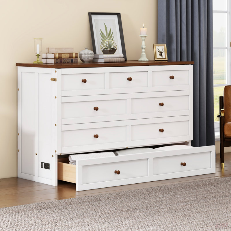 Commode pour lit escamotable en pin massif avec station de charge et grand tiroir de rangement pour bureau à domicile ou petite pièce (lit)