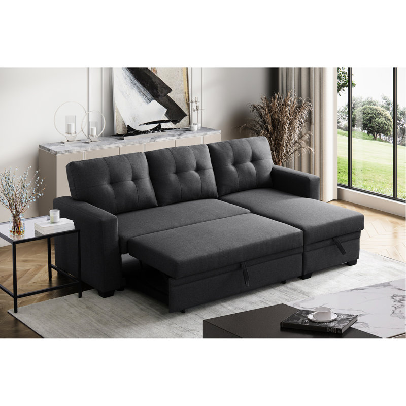 3 Convertible Upholstered With Pull-Out Chaise And Storage Space, Dark Gray Linen Main Fabric, Foam Filled, Twin Size Sleeper Function, Removable Back Cushions, Suitable For Overnight Accommodation