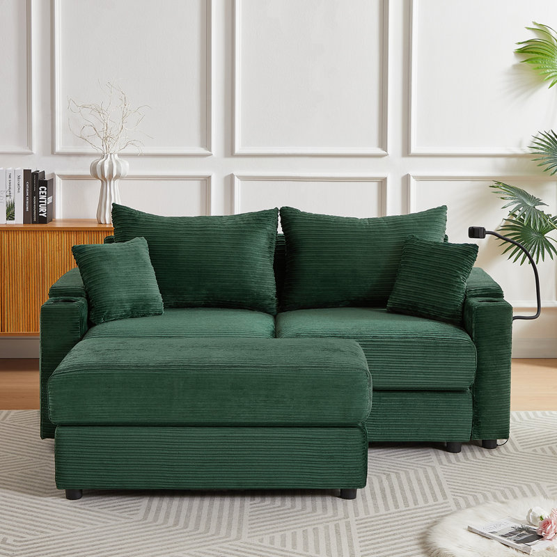 72.8" Upholstered Loveseat Sofa With Ottoman, Green