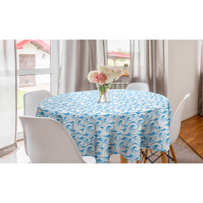 Nautical Round Tablecloth, Continuous Outline Ocean Waves Swirling With Foam Stormy Summer Surf Pattern, Circle Table Cloth Cover For Dining Room Kitchen Decoration, 60", Sky Blue White