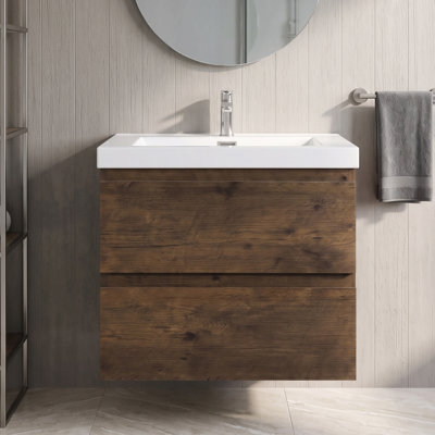 Meuble-lavabo mural en mélamine de 61 cm (24 po), aspect bois de rose, résistant à l'usure et aux égratignures, surface non poreuse et facile à nettoyer.