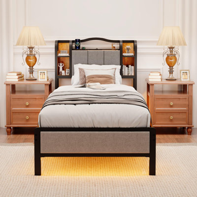 Upholstered Bed Frame With Led Lights & Charging Station by Wrought Studio