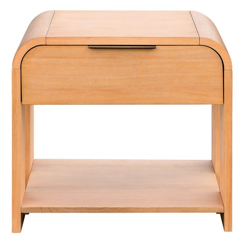 Table de chevet spacieuse avec lignes courbes et plateau supérieur en bois massif avec tablette ouverte