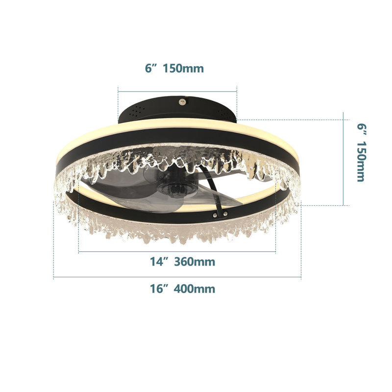 Ventilateur de plafond moderne à DEL avec lumière - Plafonnier à intensité variable de 16 po avec pales invisibles et conception en cristal, télécommande et température de couleur réglable, ventilateur silencieux pour la chambre à coucher, le salon, le noir