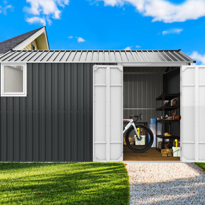 Remise en métal améliorée 8 pi x 12 pi avec plancher et ventilation - Toit renforcé à porte d'extérieur sécurisée gris foncé