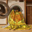 Tapis oriental jaune / orange / olive en polyester / chenille tissé à la machine-1303164613