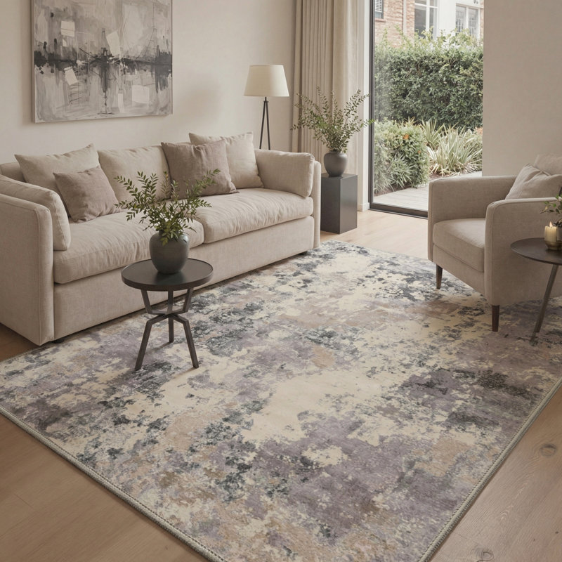 Tapis mauve / gris à motif abstrait lavable à la machine avec envers antidérapant Mignone, Rectangle 9' x 12'