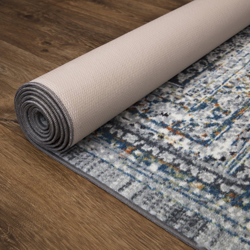 Lyanne Washable Non-Slip Diamond Ivory/Blue Area Rug, Runner 2'2" x 7'
